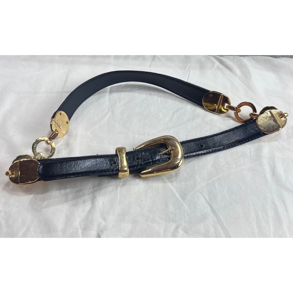 Vintage Black Faux Leather Belt Gold Chain Link Horseshoe Buckle Small